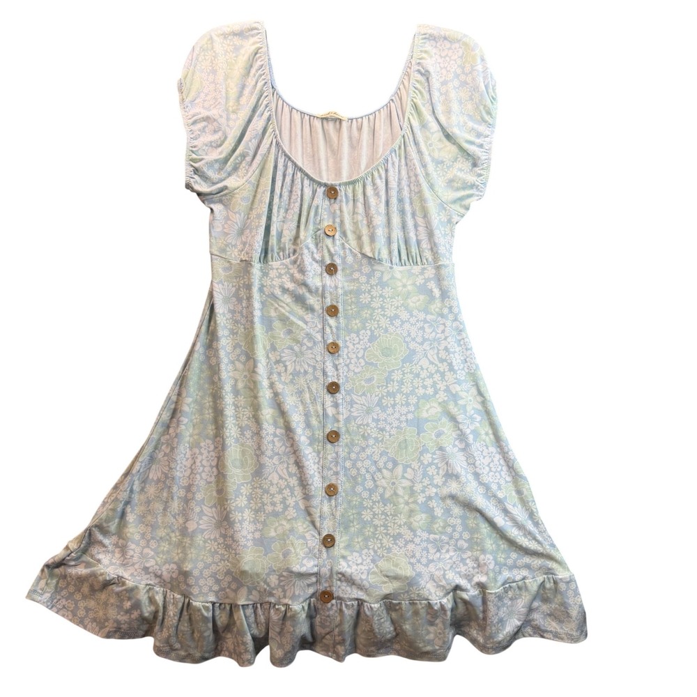 Derek Heart Floral Mini Dress Womens Large‎ Blue Ruffle Hem Babydoll Cottagecore